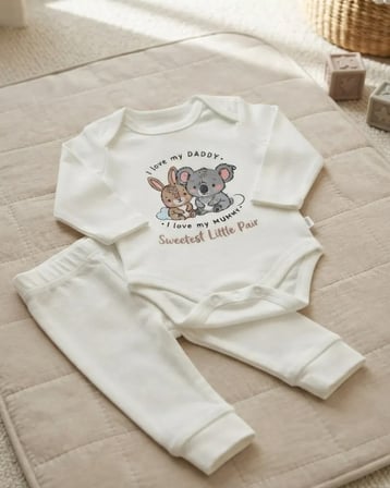 Unisex Bebek Koala ve Tavşan Baskılı Body Pantolon Takımı