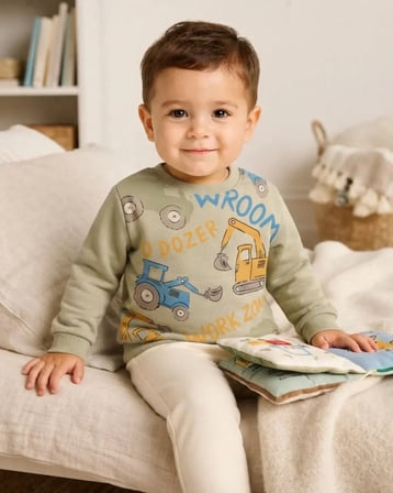 Erkek Bebek Açık Yeşil Renkli Dozer Baskılı Sweatshirt