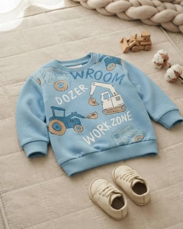 Mavi Renk Erkek Bebek Dozer Baskılı Sweatshirt Rahat Kesim