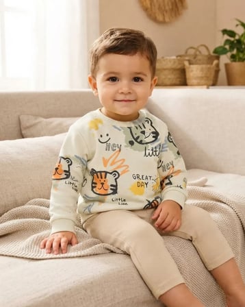 Erkek Bebek Ekru Renkli Little Lion Baskılı Rahat Sweatshirt