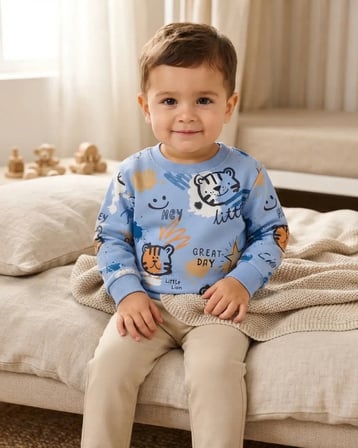 Mavi Erkek Bebek Little Lion Baskılı Sweatshirt Rahat Kesim