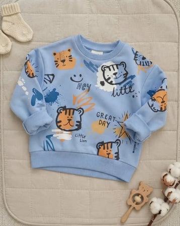 Mavi Erkek Bebek Little Lion Baskılı Sweatshirt Rahat Kesim