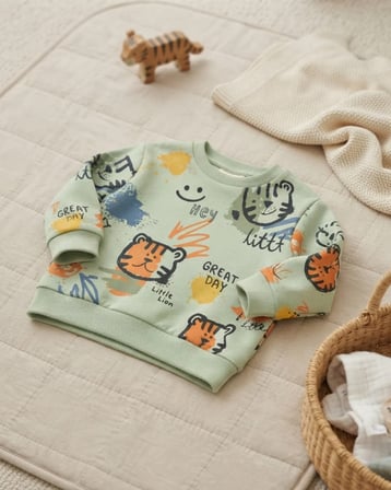 Erkek Bebek Little Lion Desenli Rahat Kesim Sweatshirt Açık Yeşil