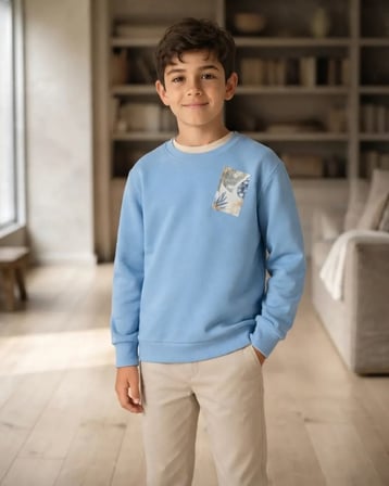 Açık Mavi – Mavi Renkli Erkek Çocuk Sweatshirt Palmiye Desenli Cep Detaylı
