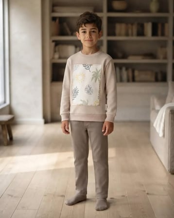 Bej – Palmiye Desenli Erkek Çocuk Sütlü Kahve Sweatshirt Rahat Kalıp