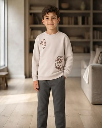 Bej – Sütlü Kahve Palmiye Desenli Erkek Çocuk Sweatshirt Rahat Kesim