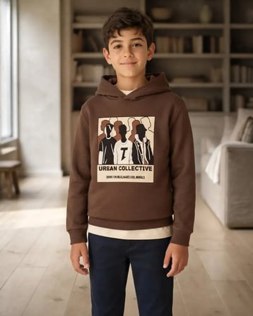 Erkek Çocuk Kahverengi Capüşonlu Baskılı Sweatshirt Rahat Kalıp
