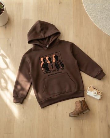 Erkek Çocuk Kahverengi Capüşonlu Baskılı Sweatshirt Rahat Kalıp