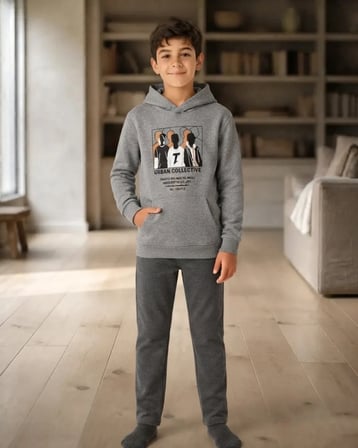Erkek Çocuk Kapüşonlu Baskılı Sweatshirt Gri Rahat Kalıp