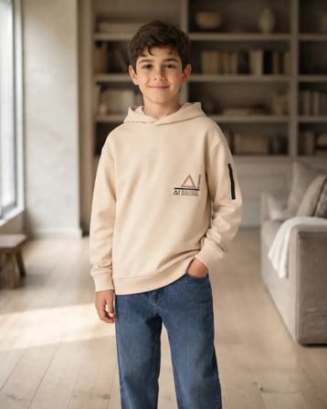 Erkek Çocuk Açık Bej Kapüşonlu Sweatshirt Fermuarlı Kol Detaylı