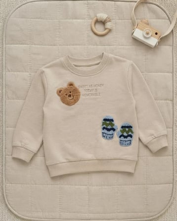 Bej Renk Erkek Bebek Sweatshirt Sevimli Karakterli Çocuk Kıyafeti