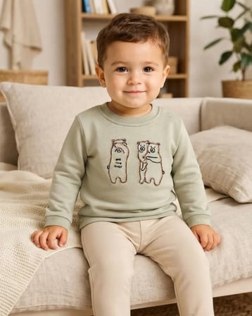 Çağla Yeşili – Erkek Bebek Triko Kol Detaylı Saklambaç Temalı Açık Yeşil Sweatshirt