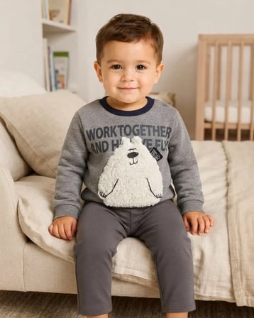 Erkek Bebek Açık Gri Ayılı Eğlenceli Sweatshirt