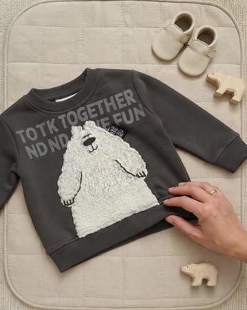 Erkek Bebek Açık Gri Ayılı Eğlenceli Sweatshirt