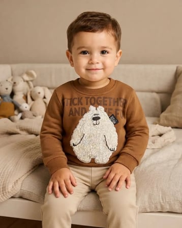 Kahverengi – Erkek Bebek Sütlü Kahve Renkli Ayılı Sweatshirt