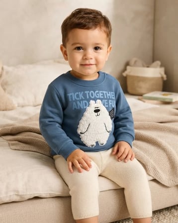 Mavi Erkek Bebek Ayılı Sweatshirt Rahat Kesim ve Uzun Kollu