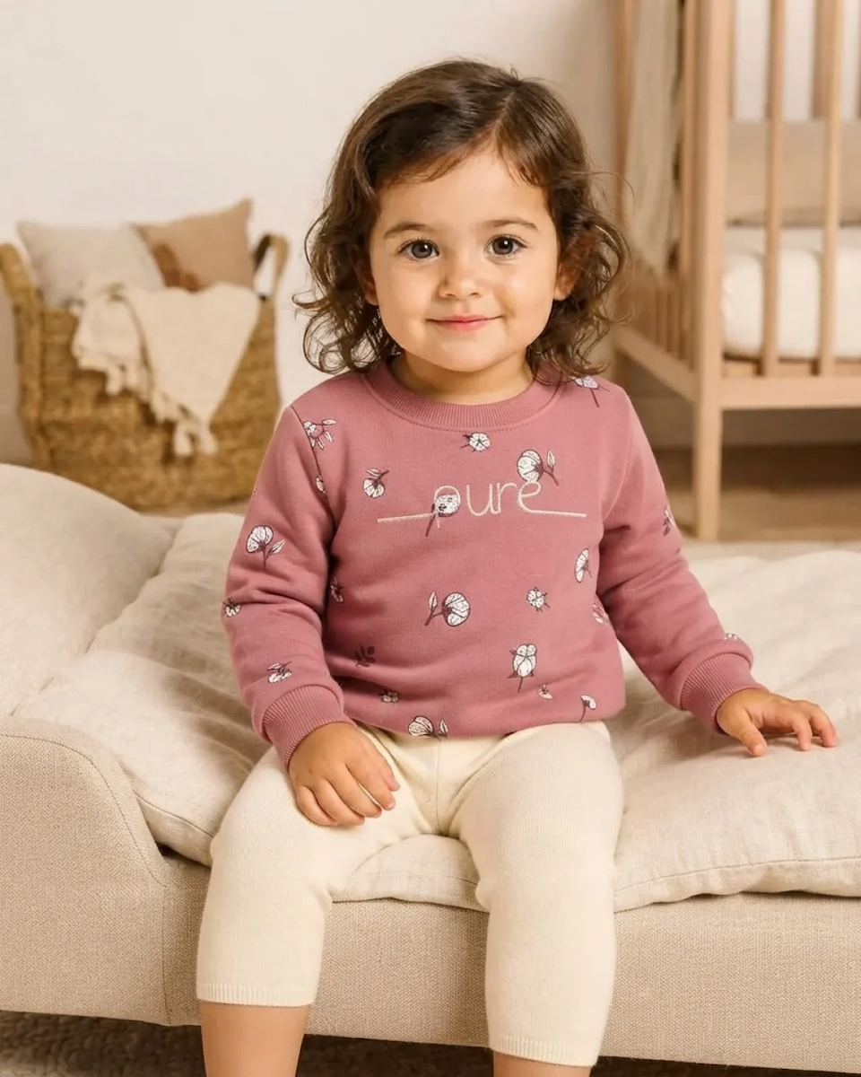 Kız Bebek Gül Kurusu Baskılı Sweatshirt Rahat Kesim Klasik Yaka