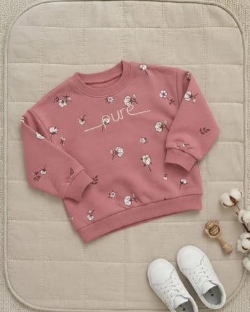 Kız Bebek Gül Kurusu Baskılı Sweatshirt Rahat Kesim Klasik Yaka