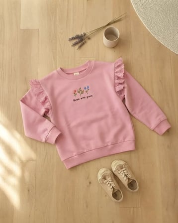 Nakışlı Fırfırlı Pembe Kız Çocuk Sweatshirt Rahat Spor Tarz