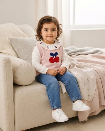 Kız Bebek Pembe Kiraz Nakışlı Trikolu İkili Takım