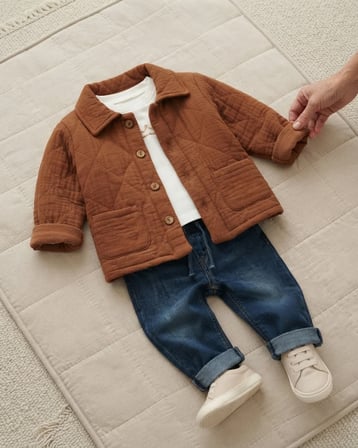 Taba Renkli Erkek Bebek Araba Temalı Ceketli Üçlü Takım