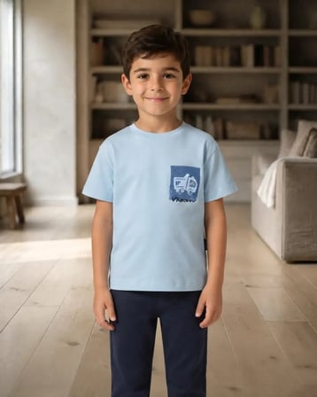 Erkek Çocuk Mavi Renk Kısa Kollu Baskılı Tişört