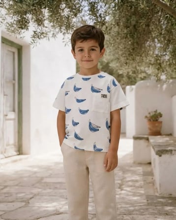 Erkek Çocuk Mavi Renk Muz Desenli Kısa Kollu Tişört