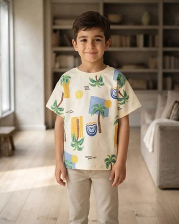 Ekru Desenli Erkek Çocuk Tişörtü Rahat Kesim Yazlık Üst Giyim