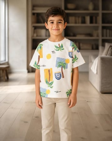 Beyaz – Erkek Çocuk A.sarı Baskılı Kısa Kollu T-shirt Rahat Kalıp