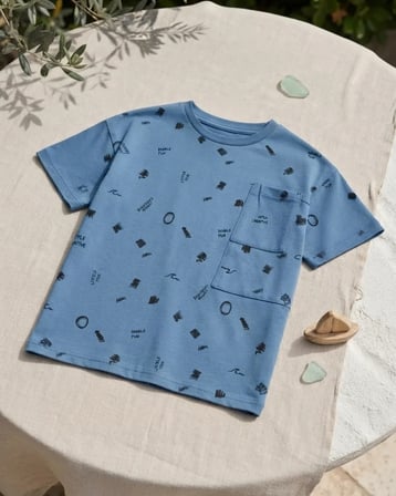 Erkek Çocuk Mavi Desenli Cepli Kısa Kollu Tişört