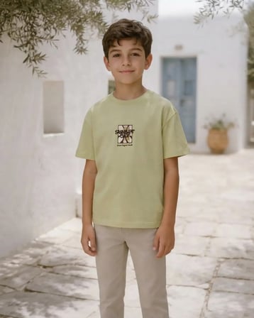 Yeşil – Erkek Çocuk Sarı Oversize Tişört Roza Sunset Baskılı Rahat Kesim