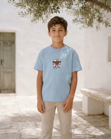 Erkek Çocuk Mavi Baskılı Basic Örme Tişört Rahat Kalıp