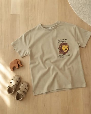 Erkek Çocuk Bej Baskılı Kısa Kollu Örme Tişört Rahat Kalıp