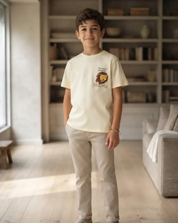 Krem – Erkek Çocuk Sarı Baskılı Örme Tişört Rahat Kalıp Yazlık