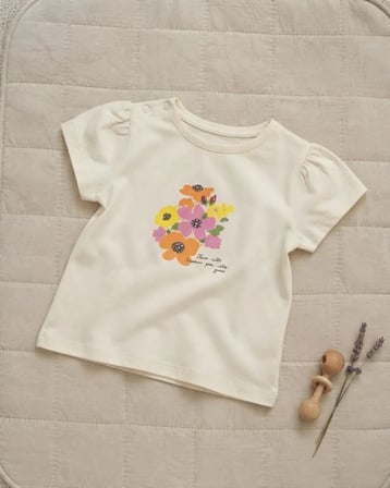 Kız Bebek Likralı Süprem T-shirt Floral Desenli Ekru Renk