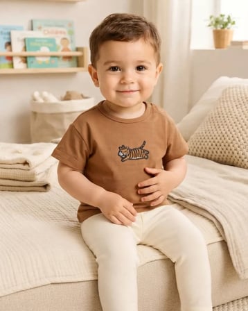 Erkek Bebek Taba Renkli Nakışlı Kısa Kollu Süprem T-Shirt