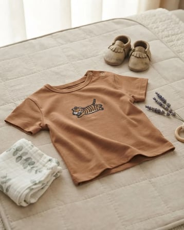 Erkek Bebek Taba Renkli Nakışlı Kısa Kollu Süprem T-Shirt