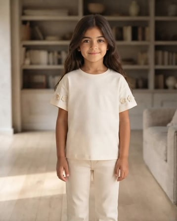 Kız Çocuk Ekru Renkli Kısa Kollu T-shirt Çiçek Detaylı