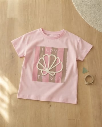 Kız Çocuk Açık Pembe Grafik Detaylı Kısa Kollu Tişört