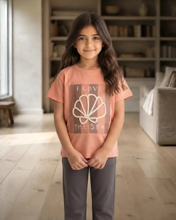 Somon – Kız Çocuk Açık Mavi Kısa Kollu Deniz Kabuklu T-Shirt