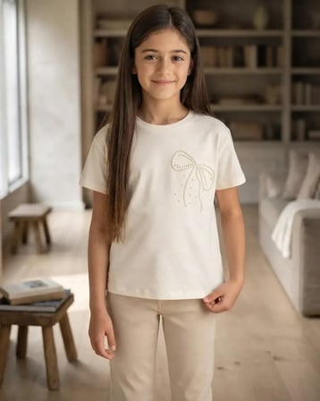 Ekru – Kız Çocuk Sarı Nakış Detaylı Kısa Kollu T-shirt Rahat Kalıp