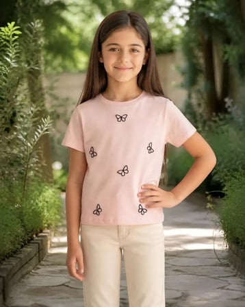 Açık Pembe – Siyah Kız Çocuk Kısa Kollu Tişört Motifli Tasarım Rahat Kesim