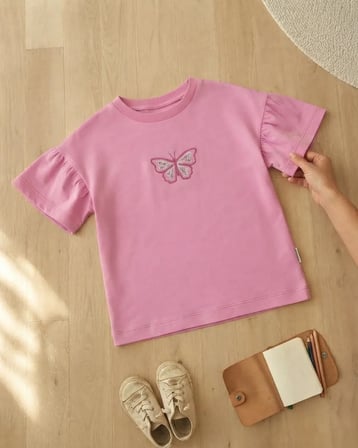 Kız Çocuk Kısa Kollu Kelebek Nakışlı Süprem Tişört Pembe