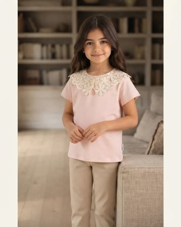 Açık Pembe – Kız Çocuk Dantel Yaka Detaylı Krem T-Shirt Rahat Kesim