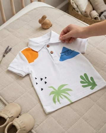 Gri – Erkek Bebek Desenli Polo Yaka Beyaz Tişört Rahat Tasarım