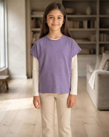 Kız Çocuk Lila Taş Detaylı Kısa Kollu T-Shirt Rahat Kesim