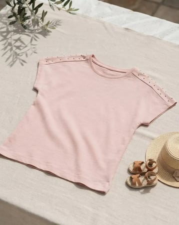 Açık Pembe – Kız Çocuk Açık Mor Omuz Detaylı Basic Tişört Rahat Kalıp