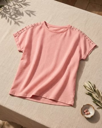 Pembe – Kız Çocuk Somon Renkli Taş Detaylı Kısa Kollu Tişört