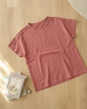 Kız Çocuk Gül Kurusu Taş Detaylı Yuvarlak Yaka T-Shirt