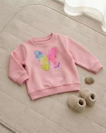 Pembe – Bisküvi Renkli Bebek Sweatshirt Çeşitli Yaşlar Kelebek Baskılı Rahat Model